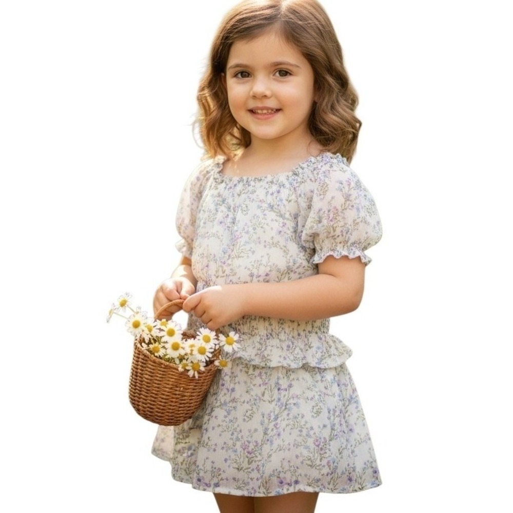 Sweet Butterfly Girls 2 Piece Floral Smocked Top and Skirt Set Cream Size 6X